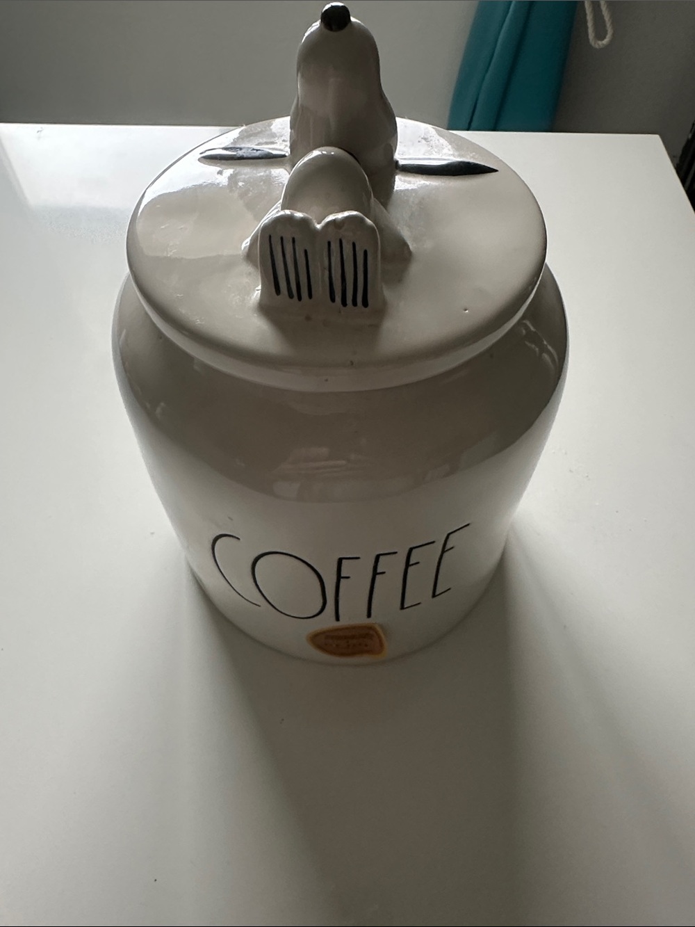 Rae Dunn White Ceramic COFFEE Canister with Snoopy lid.